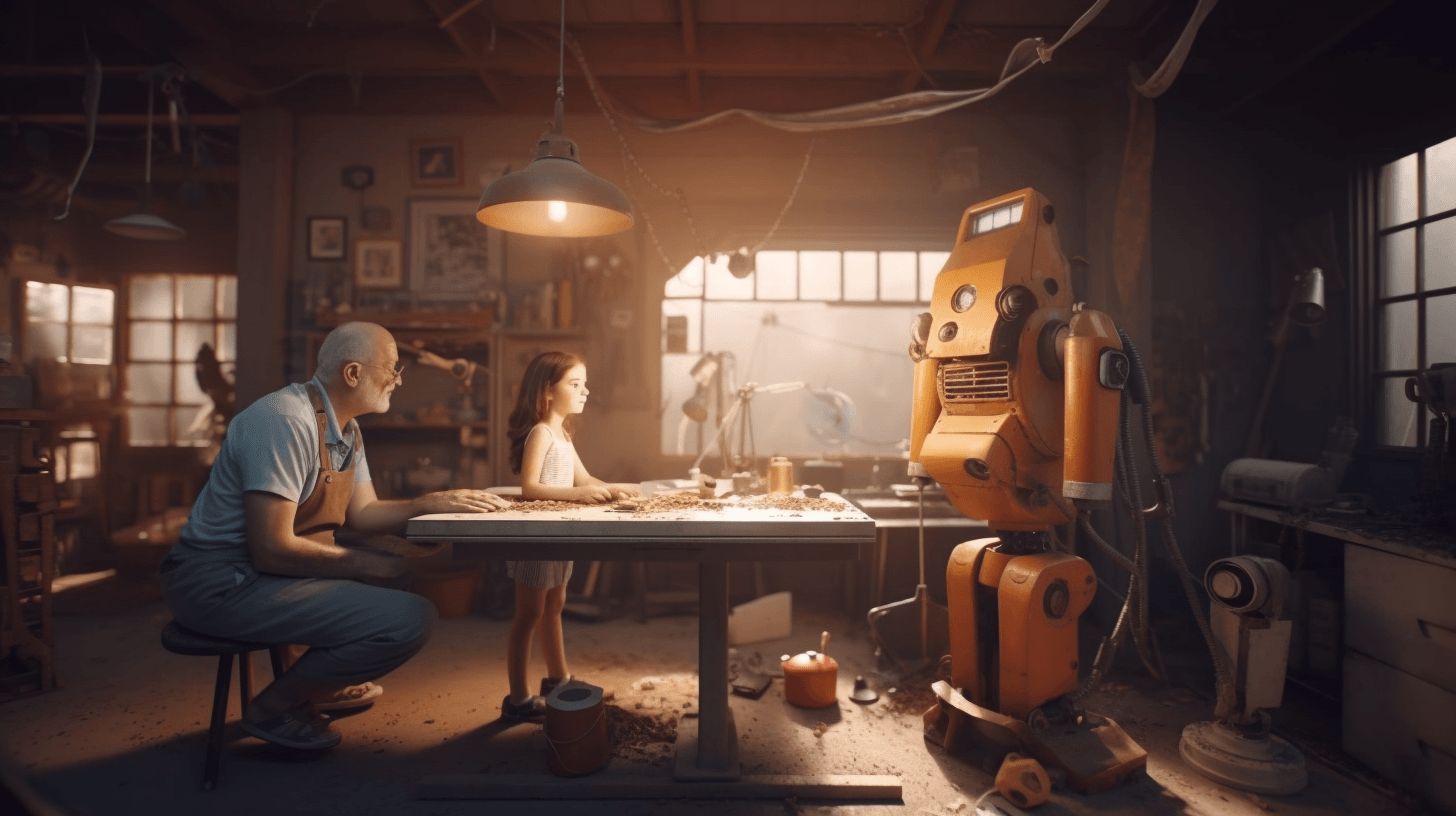 a father building a robot with his daughter