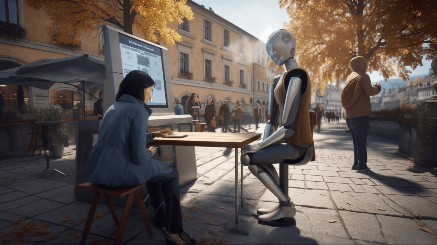 a woman talking to a robot