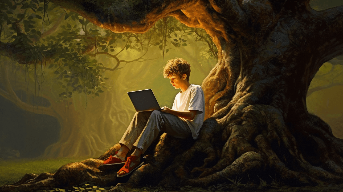 a boy with laptop under the tree