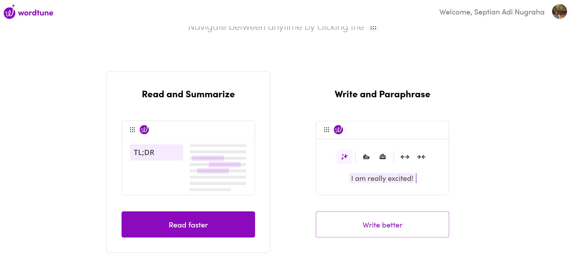 Product gateway page; the user can choose whether to read faster or write better