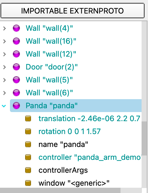 Panda robot in scene tree
