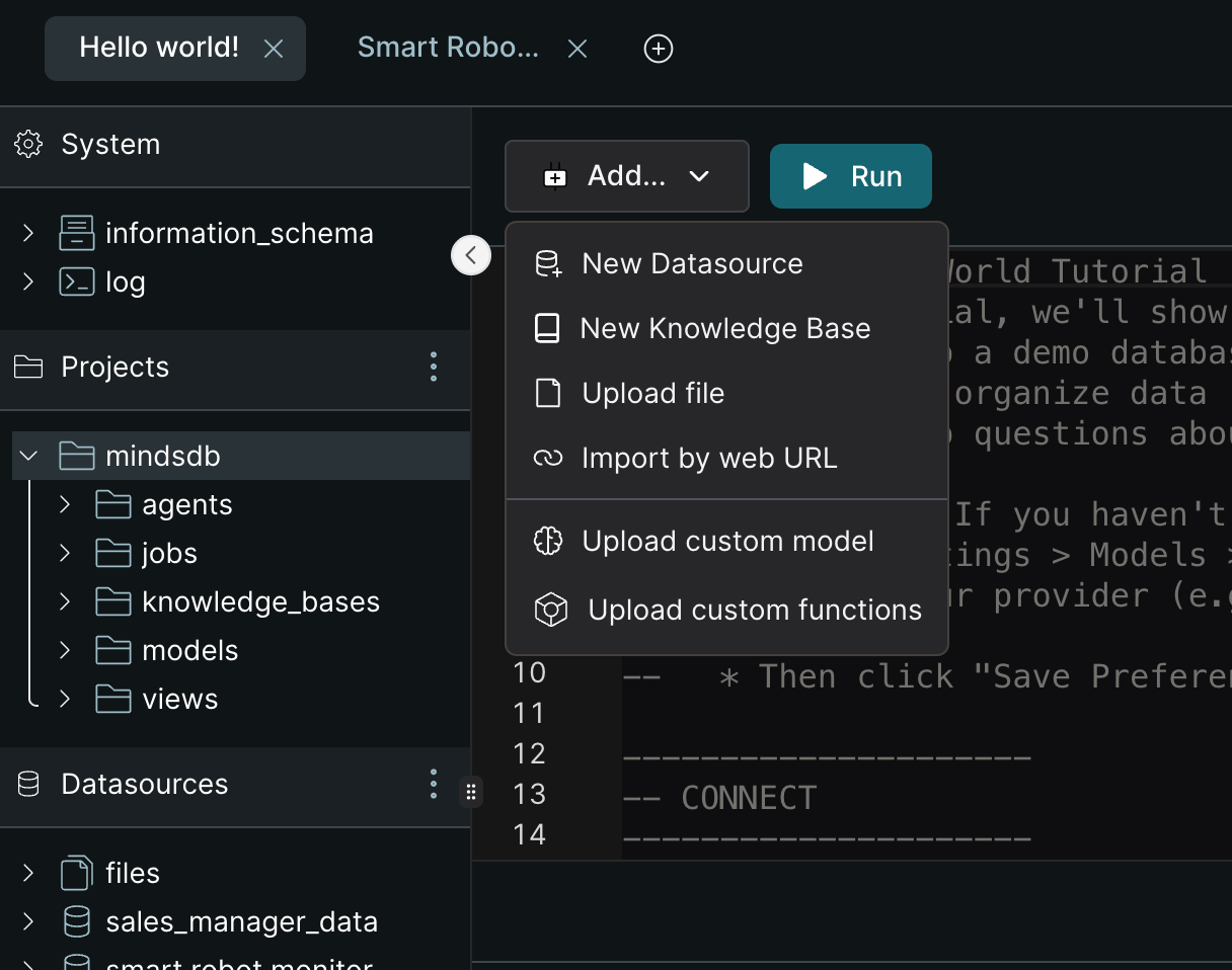 MindsDB select new datasource