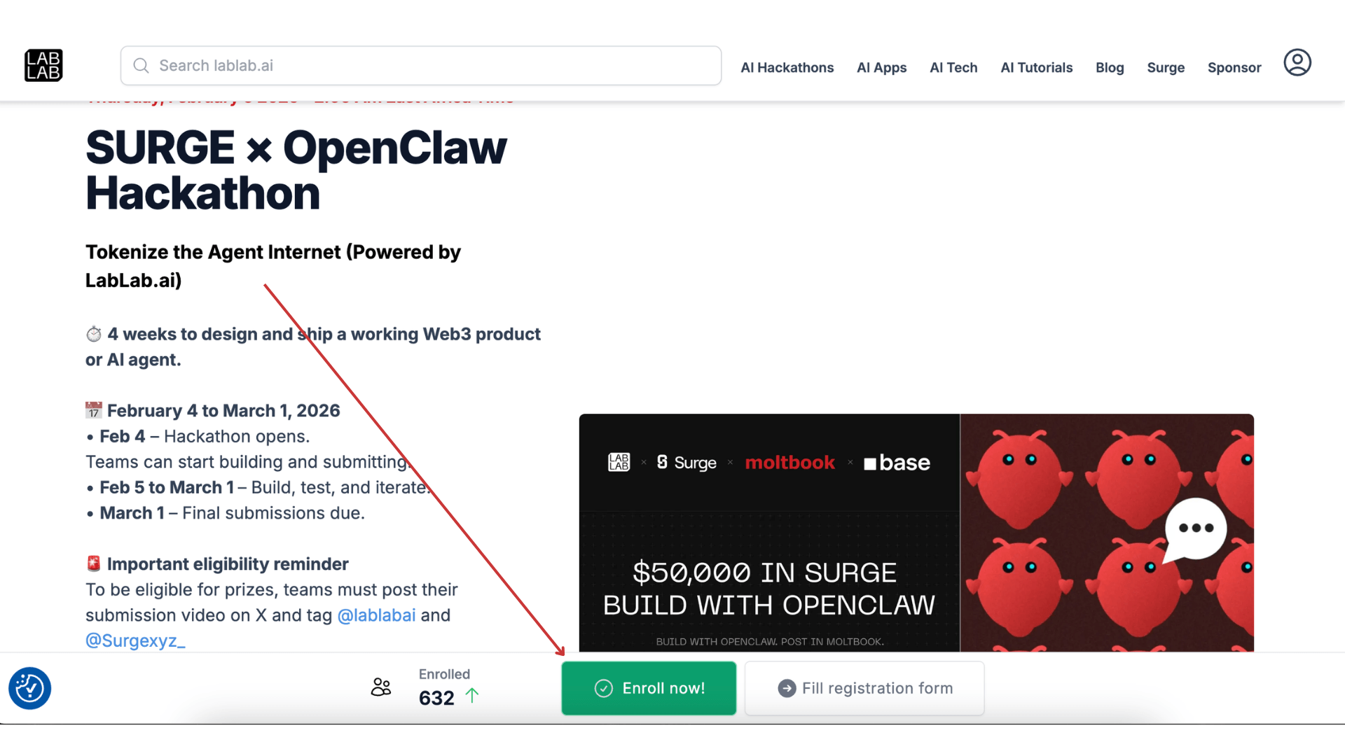 Enrol Now button on a hackathon page