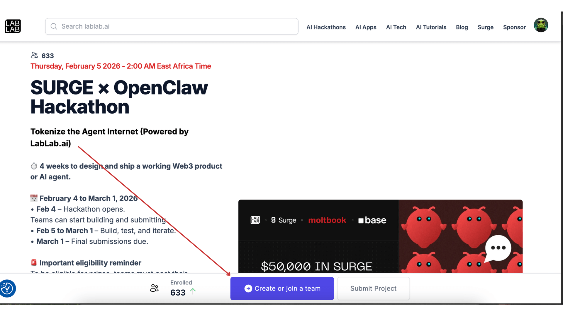 Interface for creating or joining a hackathon team