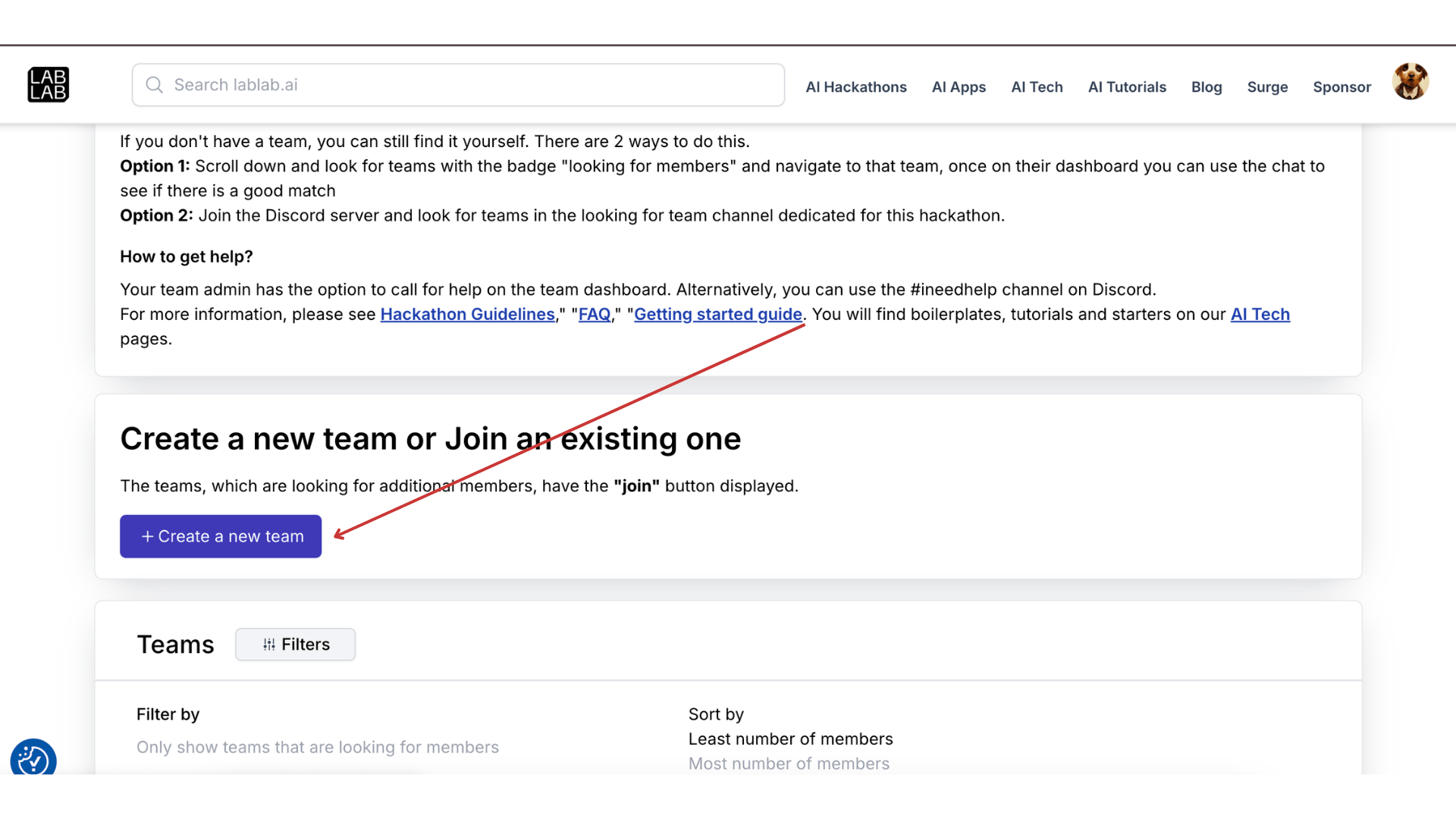 Button to create a new team