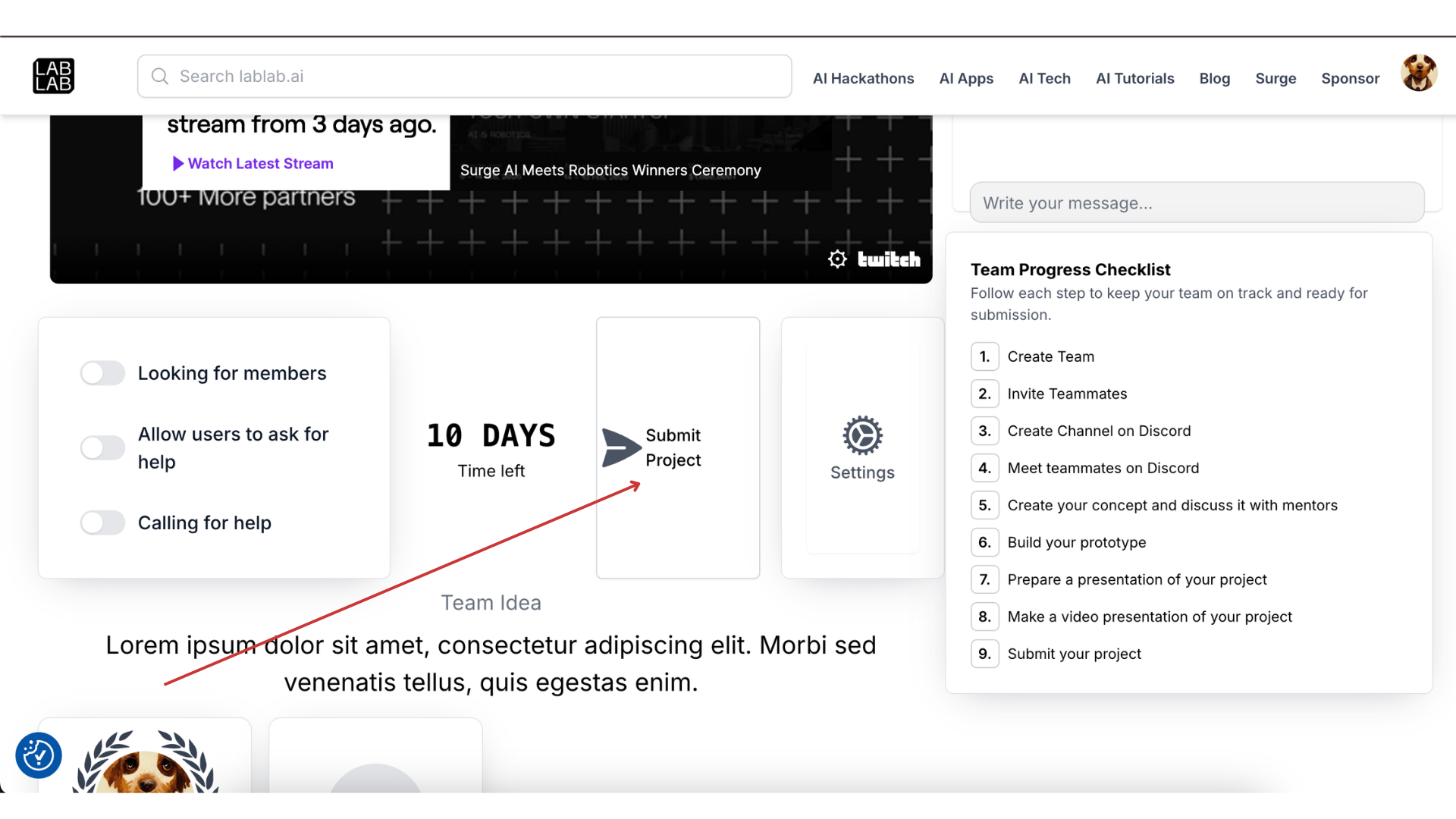 Submit project button on hackathon page