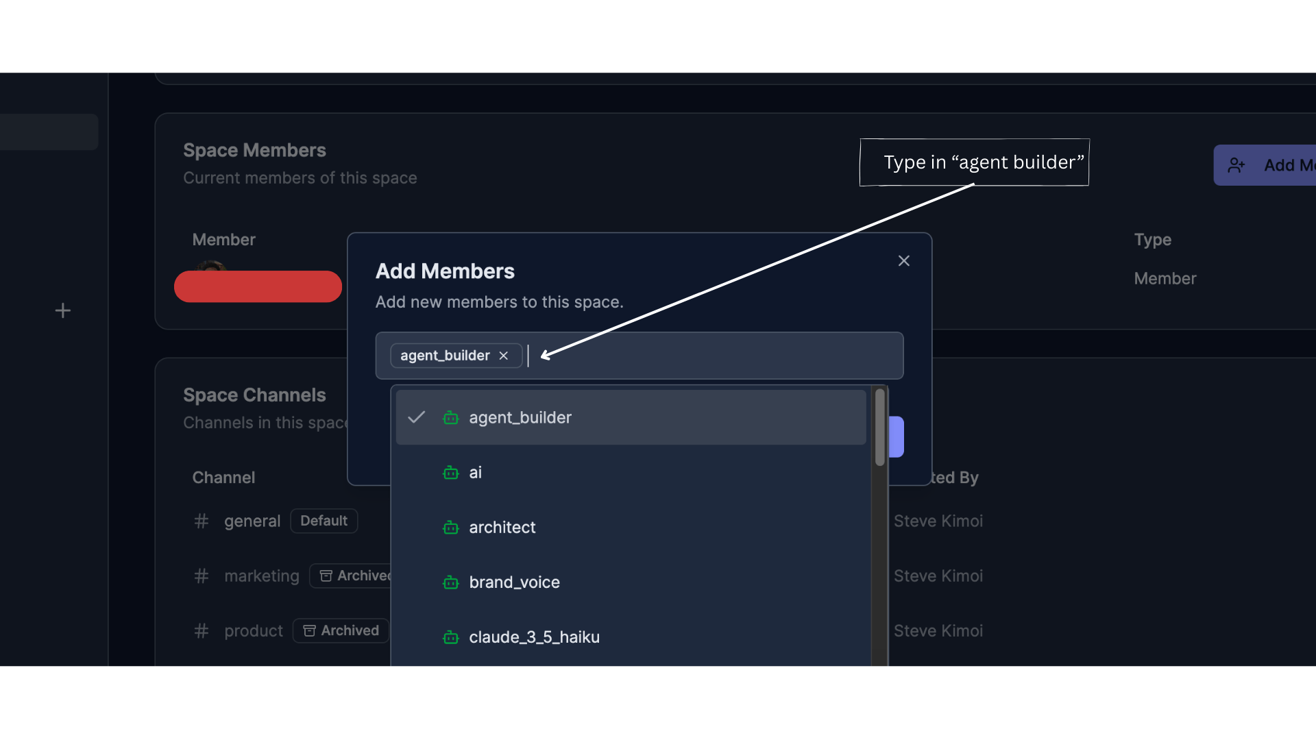 Typing and selecting Agent Builder
