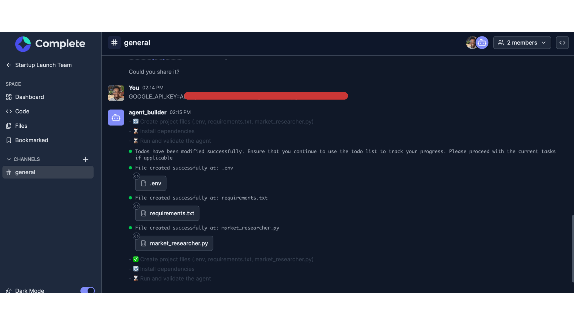 Agent builder completing the Research agent