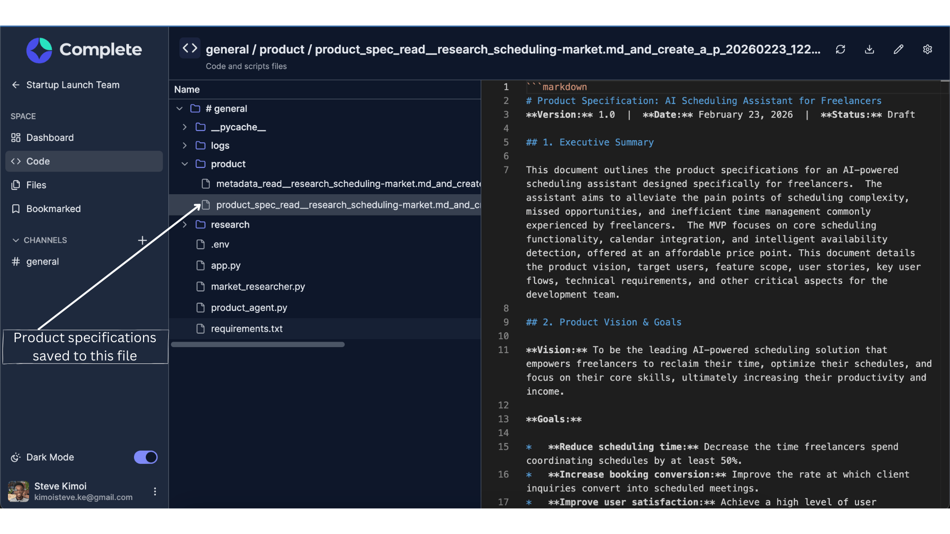 Final output of product specifications