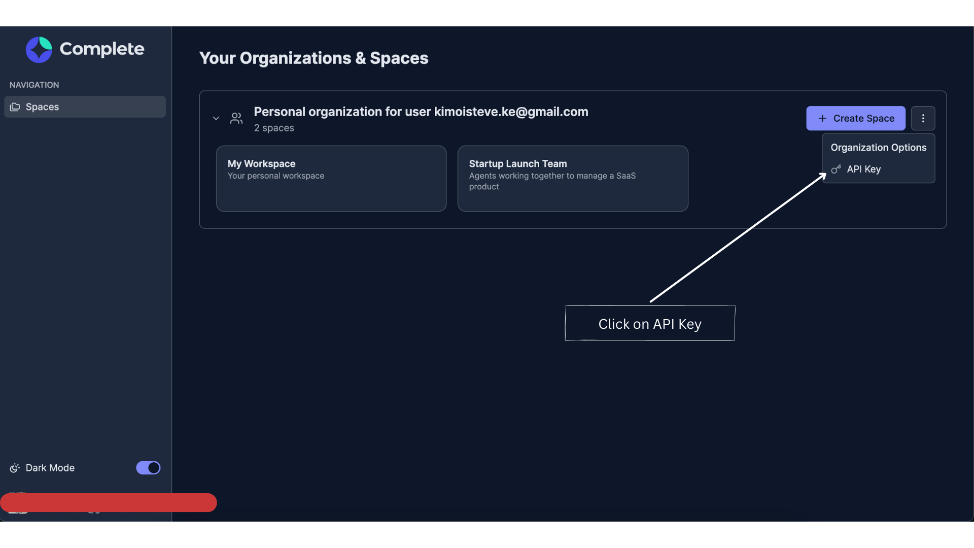 Click on API Key in the spaces directory