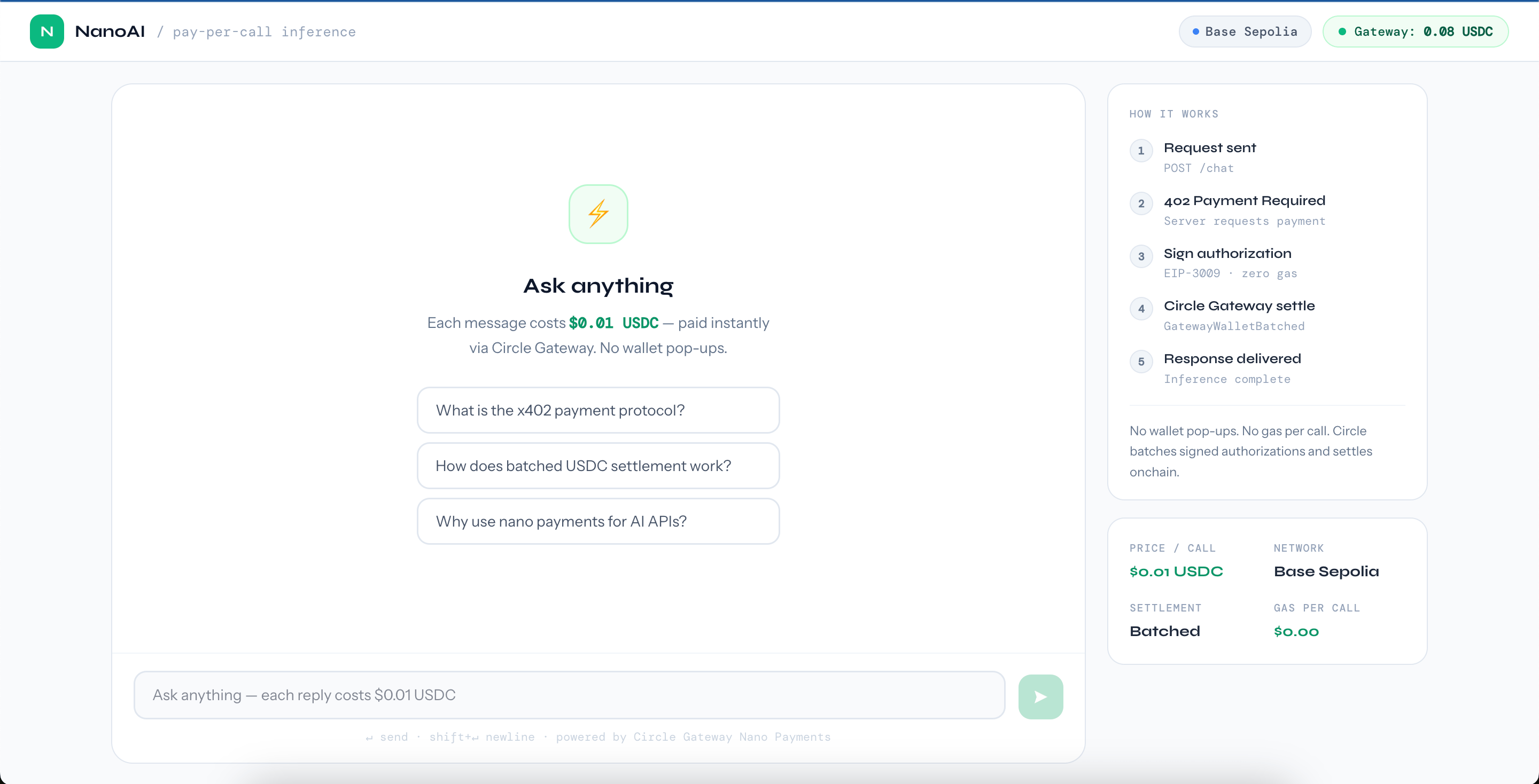 NanoAI demo UI showing the 5-step payment pipeline and chat interface